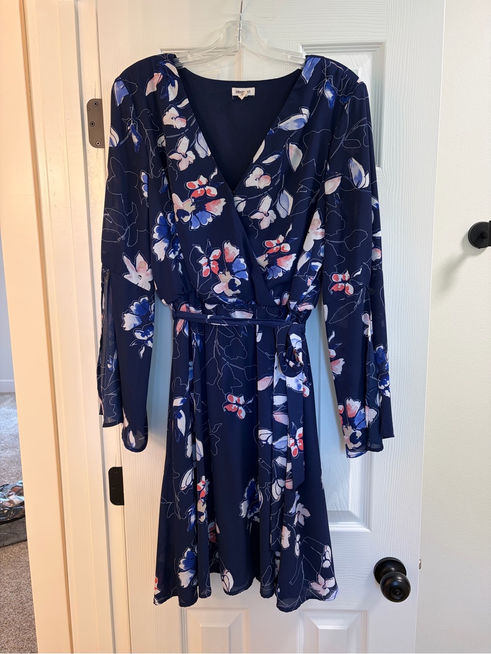 Westport Navy Floral Wrap Dress with flowy sleeves